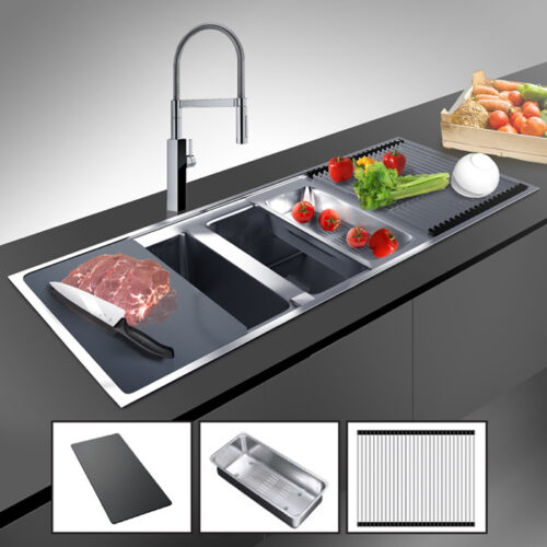 Chậu rửa bát đôi Dudoff SPOT MF2L (Rổ inox, thớt kính đen+khay cuộn) - Ảnh 3