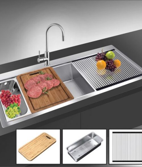 Chậu rửa bát đôi Dudoff SPOT MM2L (Thớt gỗ+rổ inox+khay cuộn) - Ảnh 2