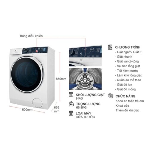 Kích thước máy Giặt Electrolux Inverter 9 Kg EWF9024P5WB cửa trước