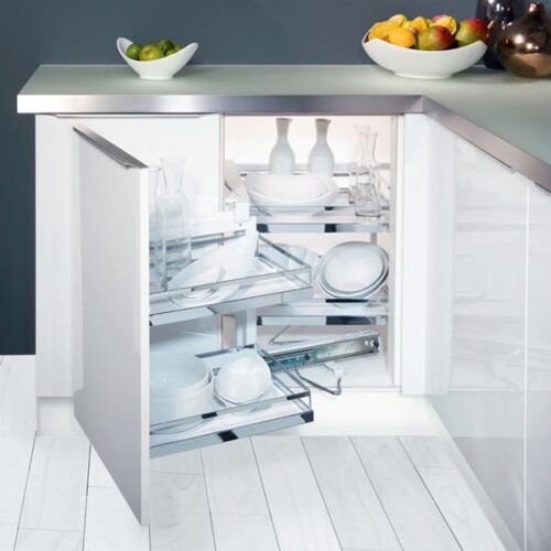 Bộ rổ kéo góc Magic Corner xoay trái, khay Arena Hafele 546.17.004