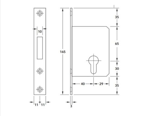Kích thước của Thân khóa cho cửa trượt Hafele 911.27.261