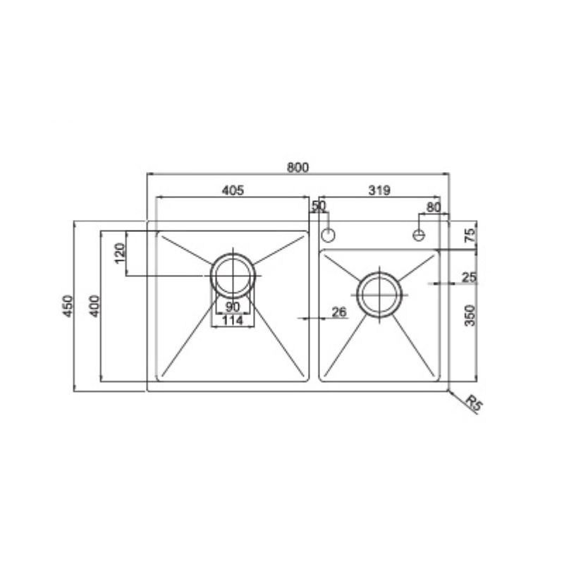 Kích thước chậu rửa bát inox 2 hố Paul Schmitt PA8045-TL Kích thước chậu rửa bát inox 2 hố Paul Schmitt PA8045-TL