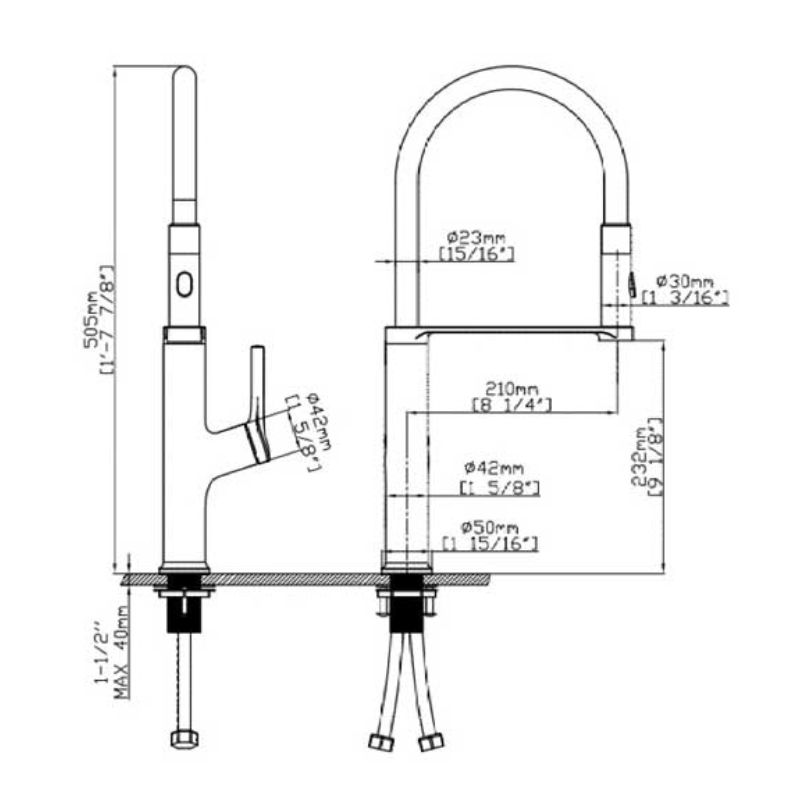 Kích thước vòi rửa bát nóng lạnh Paul Schmitt PA316K có dây rút Kích thước vòi rửa bát nóng lạnh Paul Schmitt PA316K có dây rút