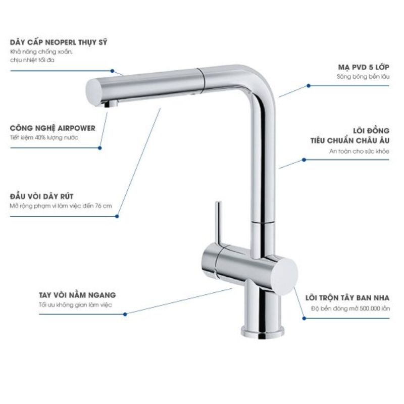 Chi tiết vòi rửa bát nóng lạnh Konox KN1337 có dây rút Chi tiết vòi rửa bát nóng lạnh Konox KN1337 có dây rút