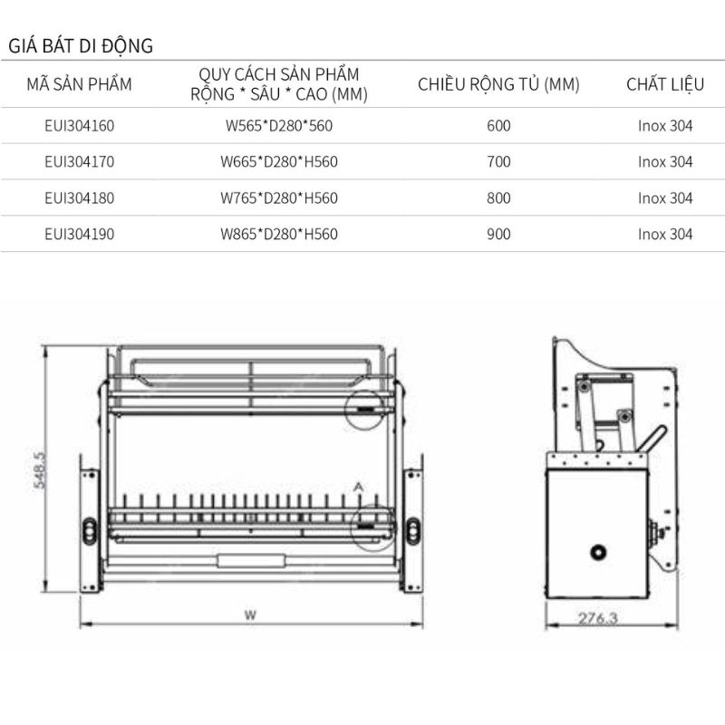 Kích thước giá bát di động Eurogold EUI304160 Kích thước giá bát di động Eurogold EUI304160