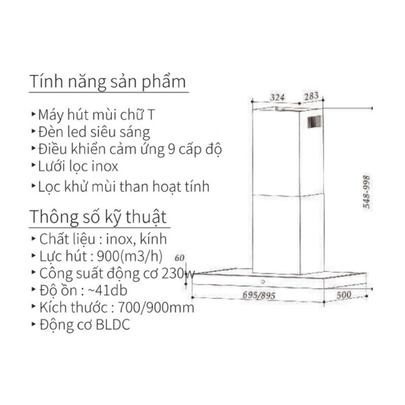 Kích thước máy hút mùi áp tường Eurogold EUH06170PRO Kích thước máy hút mùi áp tường Eurogold EUH06170PRO