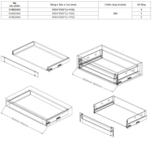 Kích thước tủ kho ngăn kéo độc lập Eurogold EUM22460