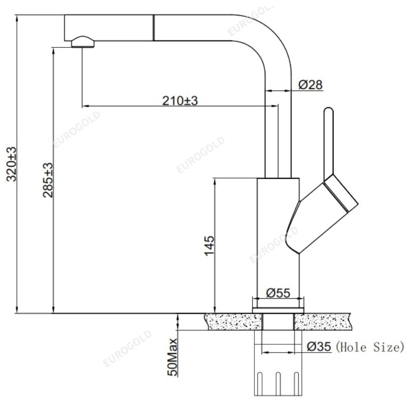 Kích thước vòi rửa bát nóng lạnh Eurogold EUF120DR có dây rút Kích thước vòi rửa bát nóng lạnh Eurogold EUF120DR có dây rút