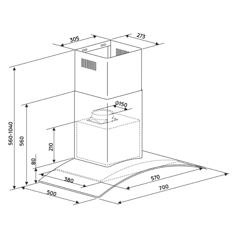 Máy hút mùi áp tường Binova BI-77GM-ISO 4 Kích thước máy hút mùi áp tường Binova BI-77GM-ISO