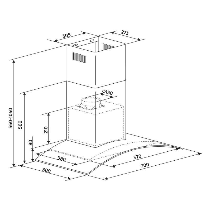 Máy hút mùi áp tường Binova BI-77-GT-07 4 Kích thước máy hút mùi áp tường Binova BI-77-GT-07