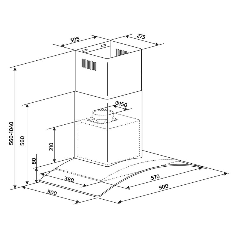 Máy hút mùi áp tường Binova BI-77-GT-09 4 Kích thước máy hút mùi áp tường Binova BI-77-GT-09