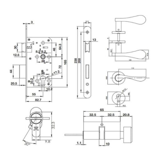 Kích thước bộ khóa tay nắm nắp chụp Hafele 499.63.802 Kích thước bộ khóa tay nắm nắp chụp Hafele 499.63.802