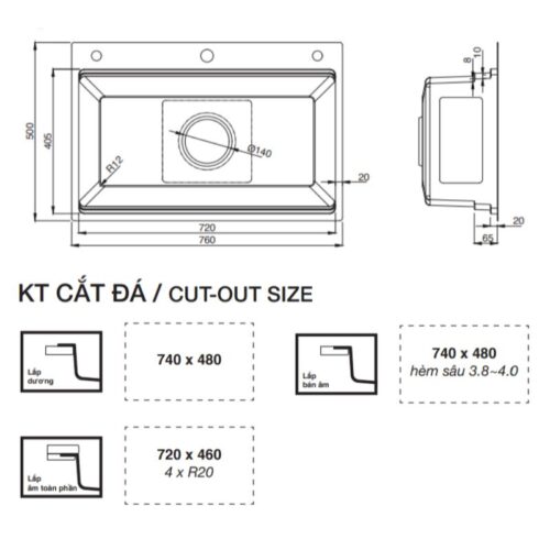 Kích thước chậu rửa bát 1 hố Kluger KWF8161FB-S76
