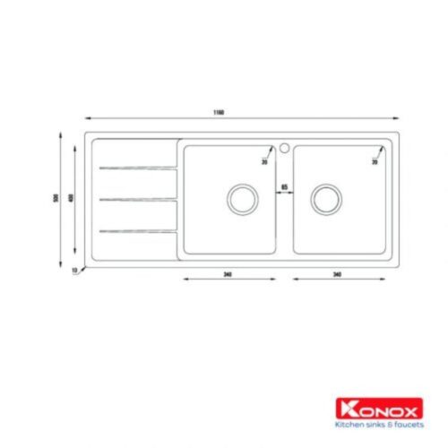 Kích thước chậu rửa bát Konox Turkey Beta 1160 Bàn trái