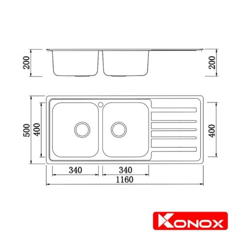 Kích thước chậu rửa chén bát Konox Artusi KS11650 1D Bàn phải