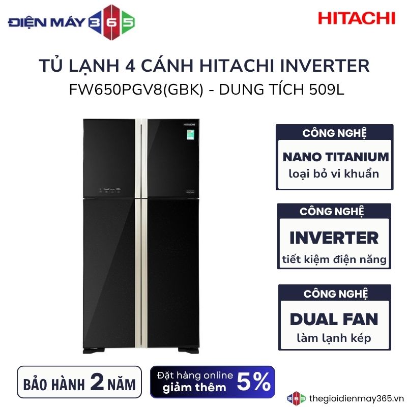 Tủ lạnh 4 cánh Inverter 509 lít Hitachi FW650PGV8 GBK 3 Tủ lạnh 4 cánh Inverter 509 lít Hitachi FW650PGV8 GBK