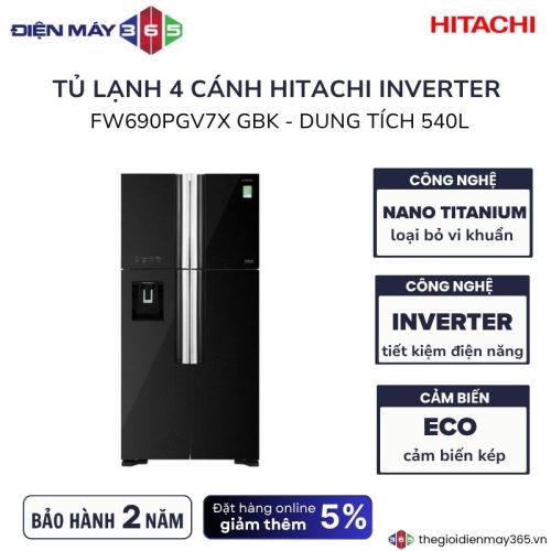 Tủ lạnh 4 cánh Inverter 540 lít Hitachi FW690PGV7X GBK