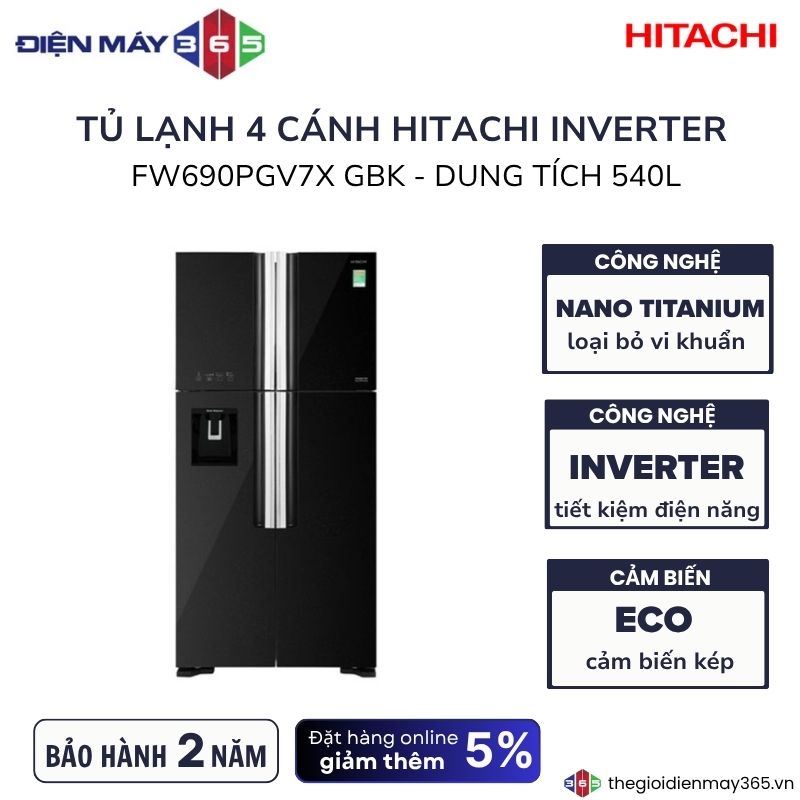 Tủ lạnh 4 cánh Inverter 540 lít Hitachi FW690PGV7X GBK 3 Tủ lạnh 4 cánh Inverter 540 lít Hitachi FW690PGV7X GBK
