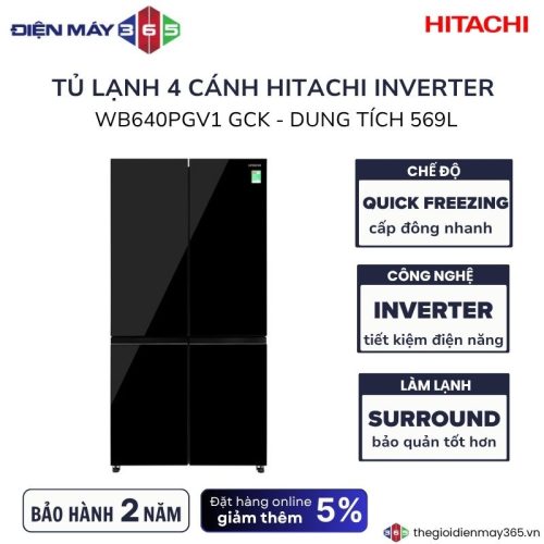 Tủ lạnh 4 cánh Inverter 569 lít Hitachi WB640PGV1 GCK