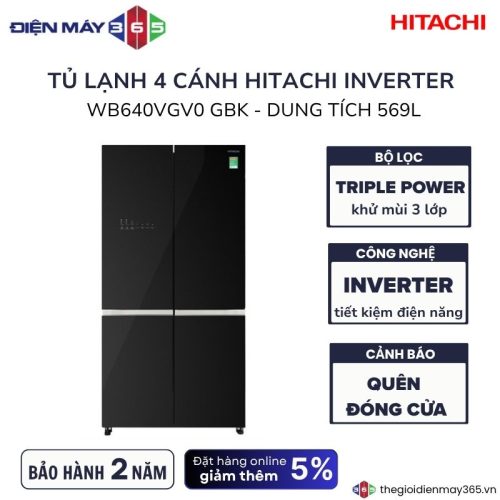 Tủ lạnh 4 cánh Inverter 569 lít Hitachi WB640VGV0 GBK