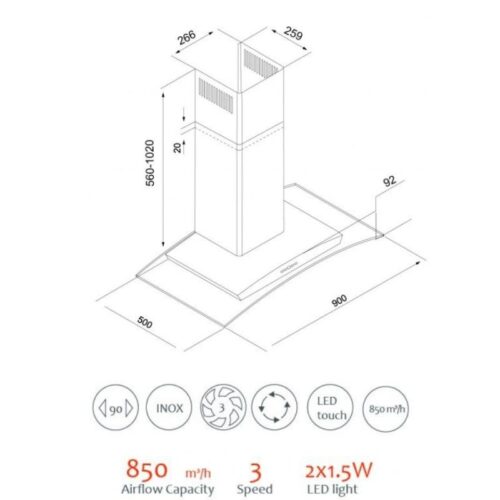Kích thước máy hút mùi kính cong Tomate TOM 3155‐90