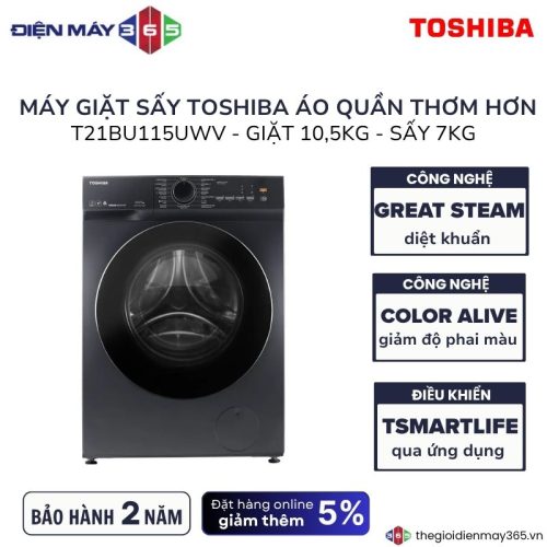 Máy Giặt Sấy Toshiba Inverter Giặt 10.5 Kg - Sấy 7 Kg TWD-T21BU115UWV(MG)