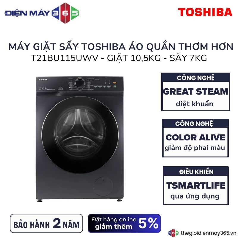Máy Giặt Sấy Toshiba Inverter Giặt 10.5 Kg - Sấy 7 Kg TWD-T21BU115UWV(MG) 3 Máy Giặt Sấy Toshiba Inverter Giặt 10.5 Kg - Sấy 7 Kg TWD-T21BU115UWV(MG)