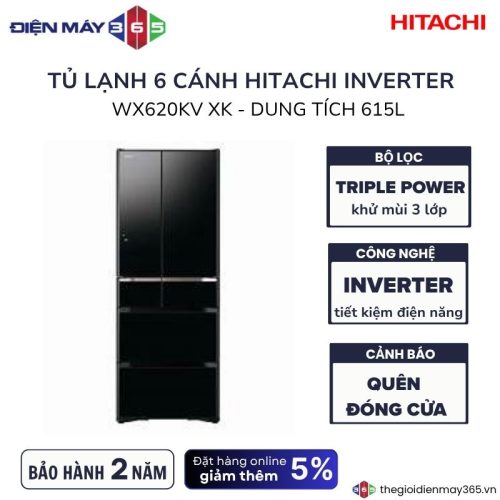 Tủ Lạnh 6 cánh Multi door Inverter 615 Lít Hitachi R-WX620KV XK