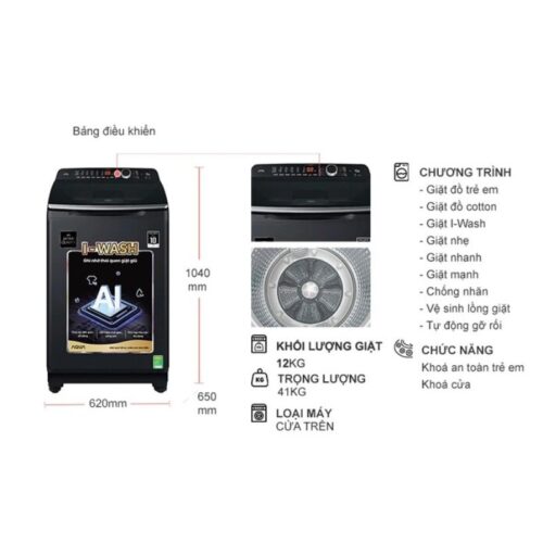 Kích thước máy Giặt Aqua 12 Kg AQW-FR120HT.BK cửa trên