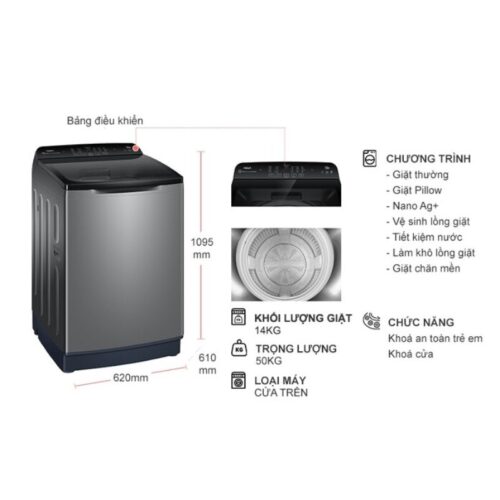 Kích thước máy Giặt Aqua 14 Kg AQW-FR140UHT.SS cửa trên