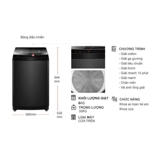 Kích thước máy Giặt Aqua 8 Kg AWM8-316K(B) cửa trên