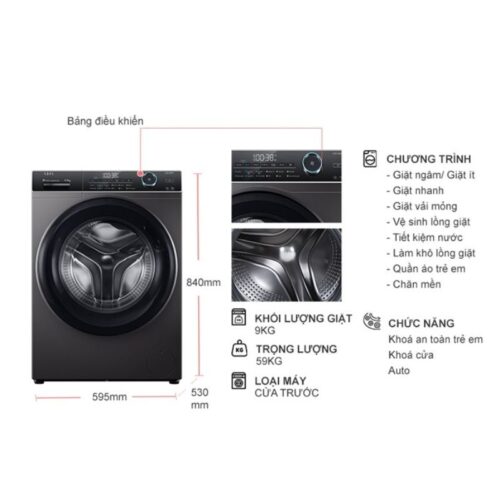 Kích thước máy Giặt Aqua 9 Kg AQD-A900F.S cửa trước