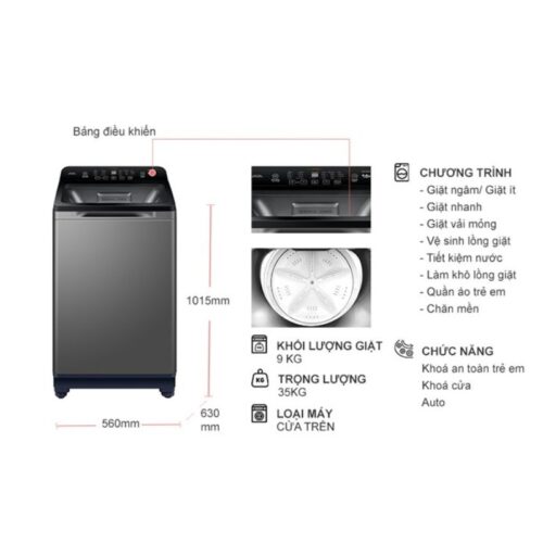 Kích thước máy giặt Aqua 9 Kg AQW-FR90GT.S cửa trên
