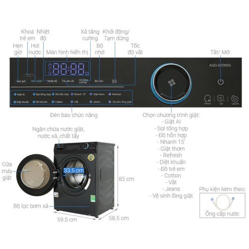 Kích thước máy Giặt Aqua Inverter 10 Kg AQD-A1002J.BK cửa trước