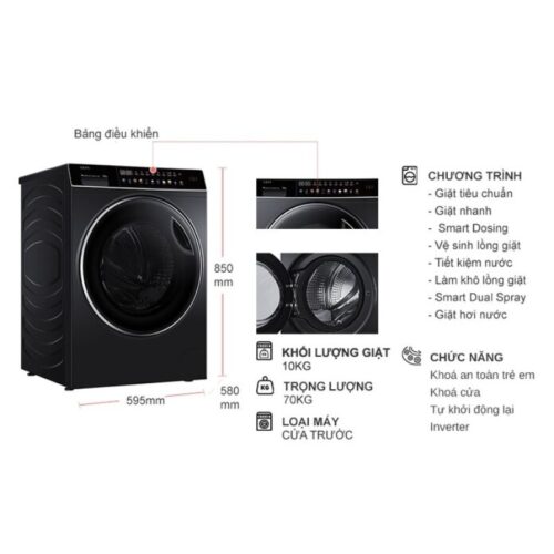 Kích thước máy Giặt Aqua Inverter 10 Kg AQD-DDW1000J.BK cửa trước