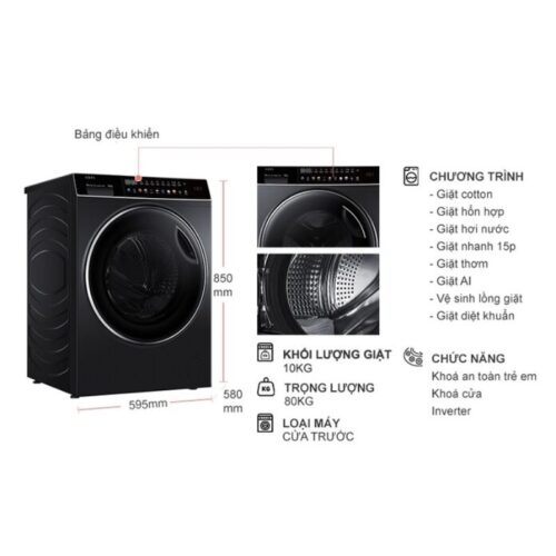 Kích thước máy Giặt Aqua Inverter 10 Kg AQD-DW1000J.BK cửa trước
