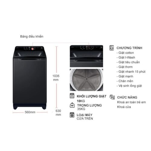 Kích thước máy Giặt Aqua Inverter 10 Kg AQW-DR100JT.BK cửa trên