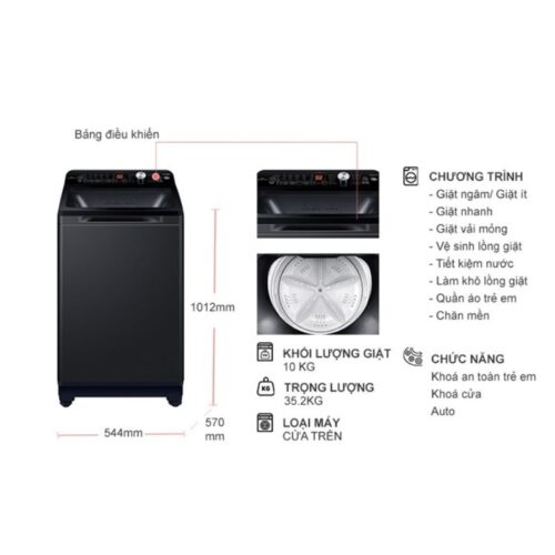 Kích thước máy Giặt Aqua Inverter 10 Kg AQW-DR101GT BK cửa trên