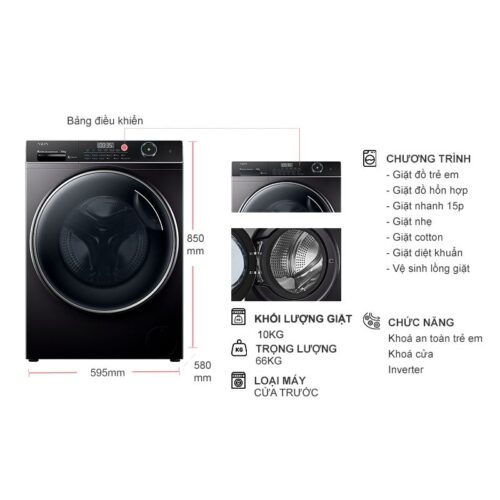 Kích thước máy Giặt Aqua Inverter 10 Kg AW10-B4959U1K(B) cửa trước
