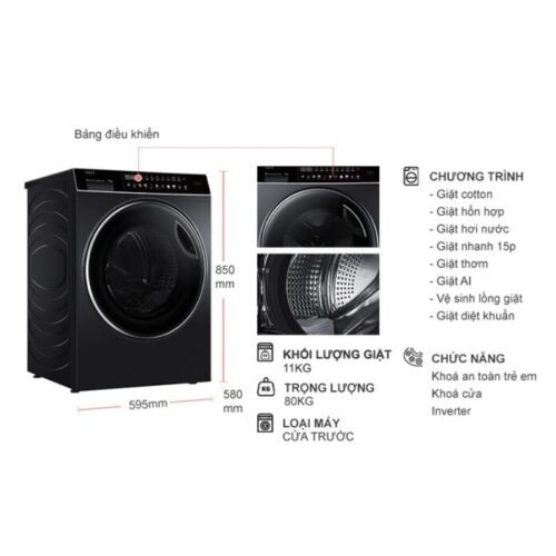 Kích thước máy Giặt Aqua Inverter 11 Kg AQD-DW1100J.BK cửa trước
