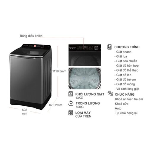 Kích thước máy Giặt Aqua Inverter 13 Kg AQW-DR130UGT.PS cửa trên