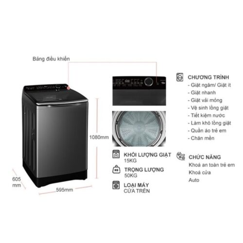 Kích thước máy Giặt Aqua Inverter 15 Kg AQW-DR150UGT.PS cửa trên