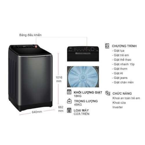 Kích thước máy Giặt Aqua Inverter 18 Kg AQW-DR180UHT.PS cửa trên
