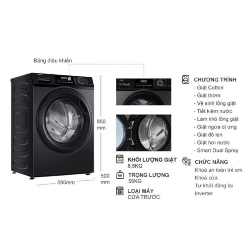 Kích thước máy Giặt Aqua Inverter 8.5 Kg AQD-A852J.BK cửa trước