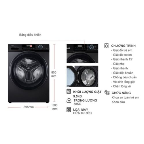 Kích thước máy Giặt Aqua Inverter 9.5 Kg AQD-A952J.BK cửa trước
