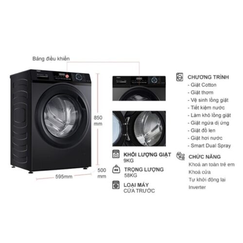 Kích thước máy Giặt Aqua Inverter 9 Kg AQD-A902J.BK cửa trước