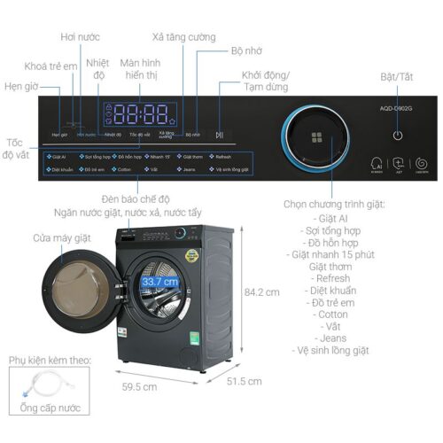 Kích thước máy Giặt Aqua Inverter 9 Kg AQD-D903G.BK cửa trước