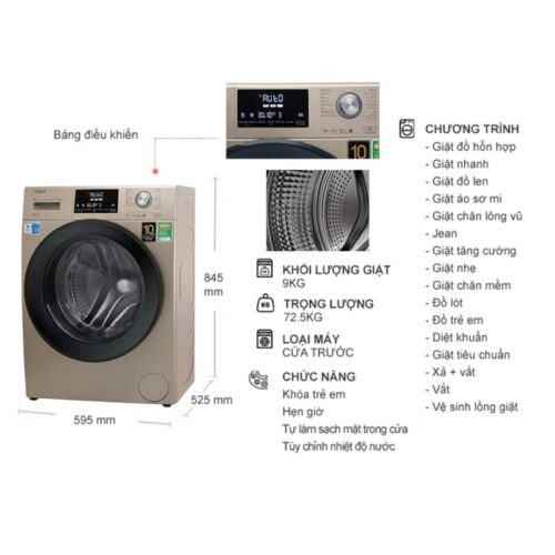 Kích thước máy Giặt Aqua Inverter 9 Kg AQD-DD900F (N) cửa trước