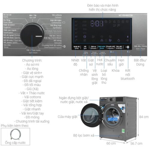 Kích thước máy Giặt Beko Inverter 9 Kg WCV9648XSTM cửa trước