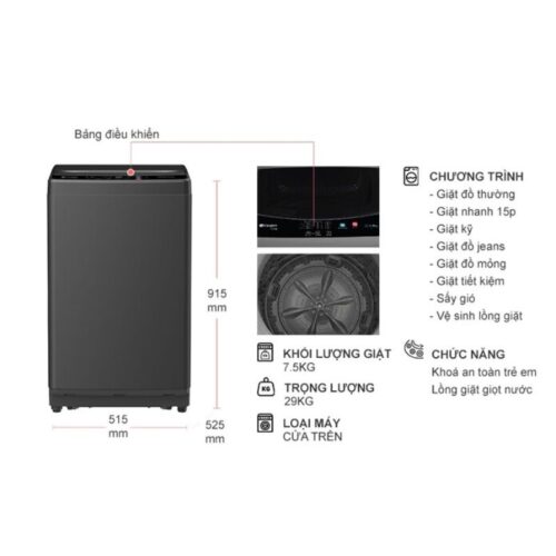 Kích thước máy Giặt Casper 7.5 Kg WT-75NG1 cửa trên